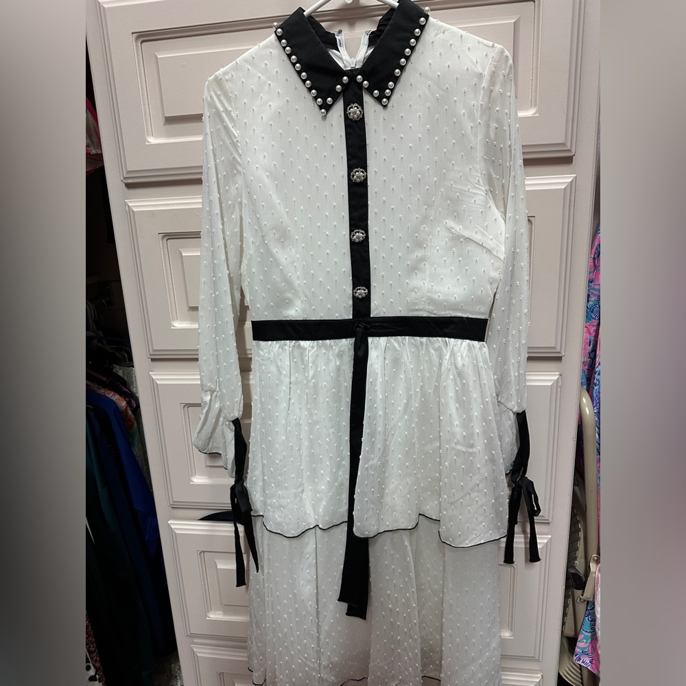 Chic White and Black Maxi Dress with Pearl Accents from Anthropologie